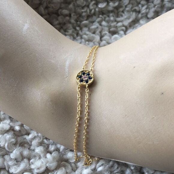 18K Gold Over Sterling Silver Bracelet Blue Cubic Zirconia Delicate Trace Chain - Picture 3 of 13